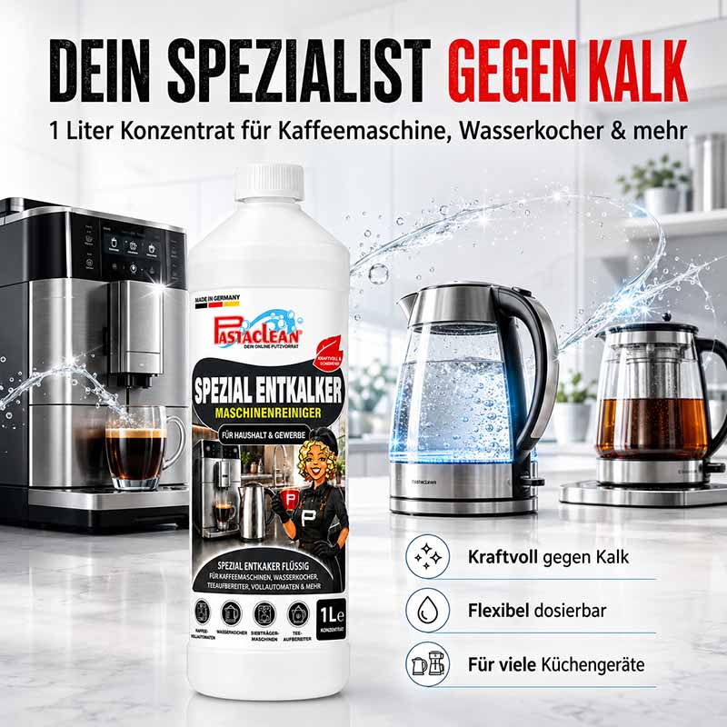 Pastaclean Spezial Entkalker Konzentrat für Kaffeemaschinen, Kaffeevollautomaten, Wasserkocher und Siebträger, geräteschonender Maschinenreiniger, 1 Liter, kraftvoll gegen Kalk, flexibel dosierbar.