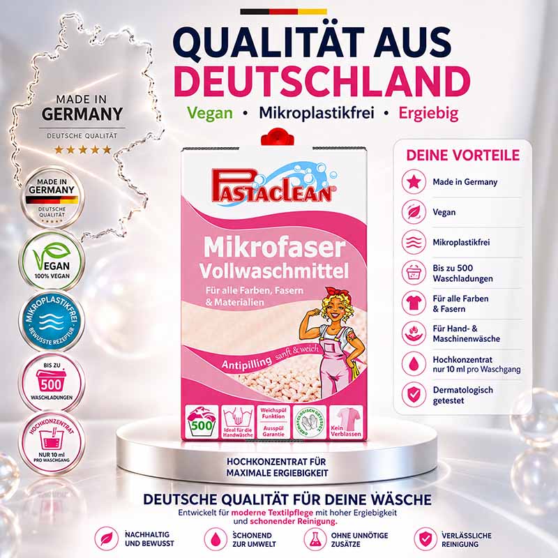 Pastaclean Mikrofaser Waschmittel Antipilling, 5 Liter (500WL), vegan, mikroplastikfrei, für alle Farben, Fasern, Materialien, Made in Germany, hochwertig, effizient für bis zu 500 Waschladungen, schonend, dermatologisch getestet, umweltfreundlich.