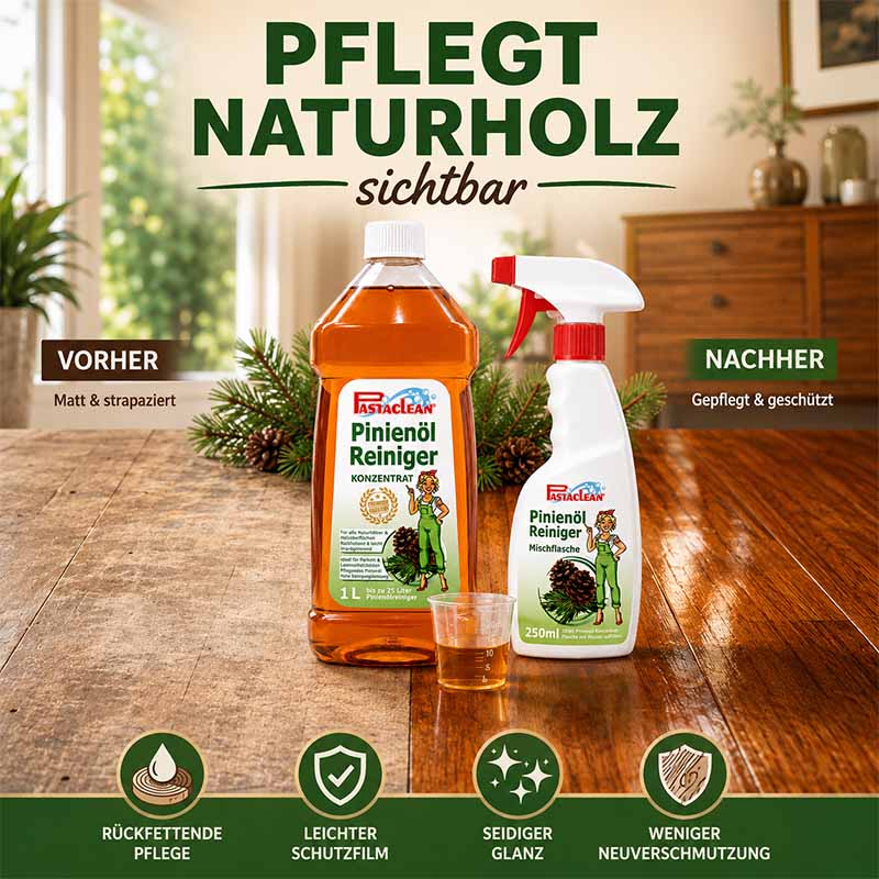 Pinienölreiniger Konzentrat 1000ml, Allzweckreiniger für Naturholzpflege, Schutzfilm, rückfettende Pflege, seidig glänzend, Reduzierung Neuverschmutzung, Reinigungszubehör, vor/nachher Vergleich, sauberes Holz.