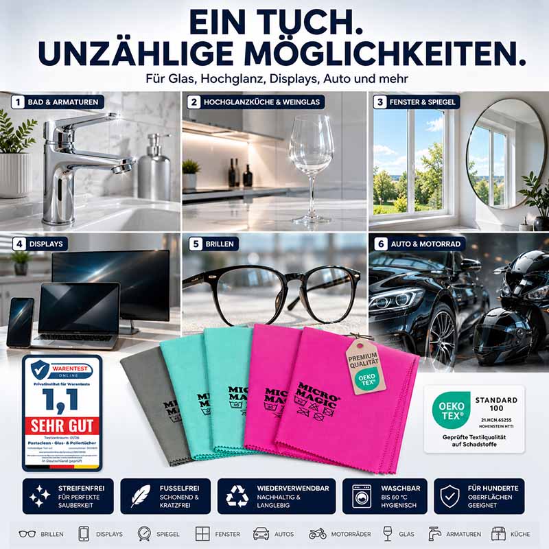 Mikrofasertücher Set 5-teilig für Glas, Spiegel, Displays, Brillen, Bad-Armaturen, und Autos, streifenfrei, fusselfrei, wiederverwendbar, waschbar bis 60°C, OEKO-TEX zertifiziert, in verschiedenen Farben.