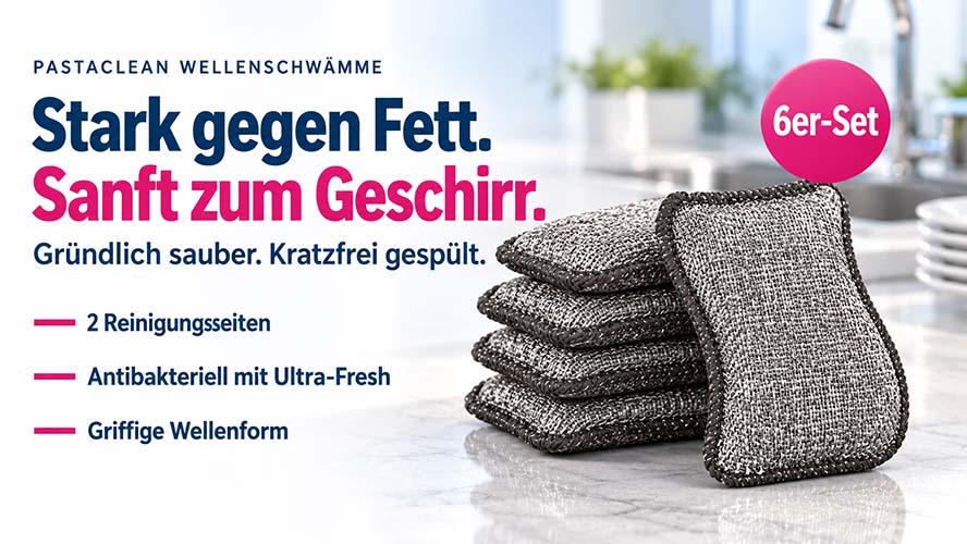 Pastaclean Wellenschwämme 6er-Set, antibakterielle Reinigungsschwämme mit Ultra-Fresh, für kratzfreies Geschirrspülen, 2 Reinigungsseiten, griffige Wellenform, effizient gegen Fett und sanft zur Oberfläche.