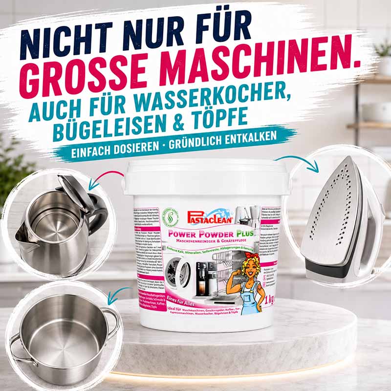 Pastaclean Power-Powder Plus Maschinenreiniger, 1 kg, entfernt Kalk und Ablagerungen, geeignet für Waschmaschinen, Wasserkocher, Bügeleisen und Töpfe, gründliches Entkalken und Dosieren.