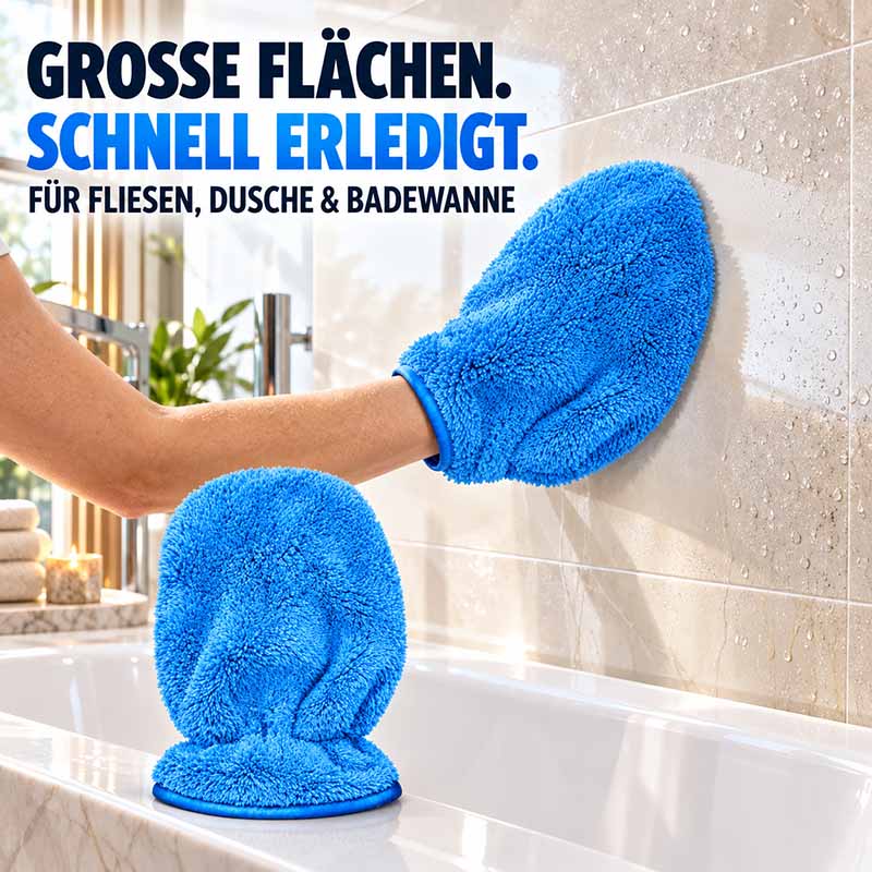 Bambus-Reinigungshandschuhe 2er-Set, ideal für Haushalt und Auto, geeignet für Fliesen, Dusche und Badewanne in Blau.
