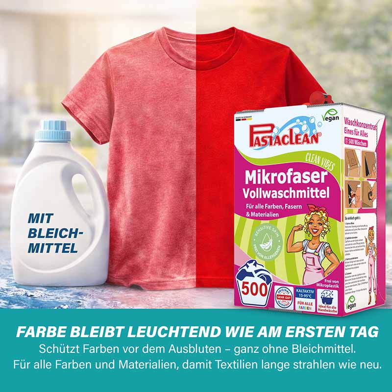 Flüssigwaschmittel Konzentrat 5 Liter für 500 Wäschen, Universal Waschmittel ohne Bleichmittel, Mikrofaser Vollwaschmittel für alle Farben, Fasern und Materialien, Produktverpackung abgebildet, Vegan, Farb- und Faserschutz