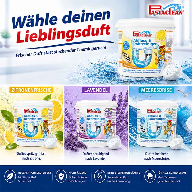 Pastaclean Abfluss- & Rohrreiniger Meeresbrise, 3,5Kg, frischer Rohrreinigungsduft, nicht ätzend, keine stechenden Dämpfe, sicher für Rohre, ideal für Küche, Bad und Haushalt, Auswahl aus verschiedenen Düften: Zitronenfrische, Lavendel, Meeresbrise