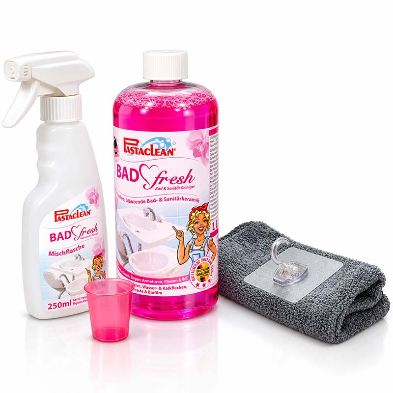 Bad-Fresh Bad Reiniger gegen Kalk & Schmutz, 1 Liter + Magischer Haken + Flauschtuch