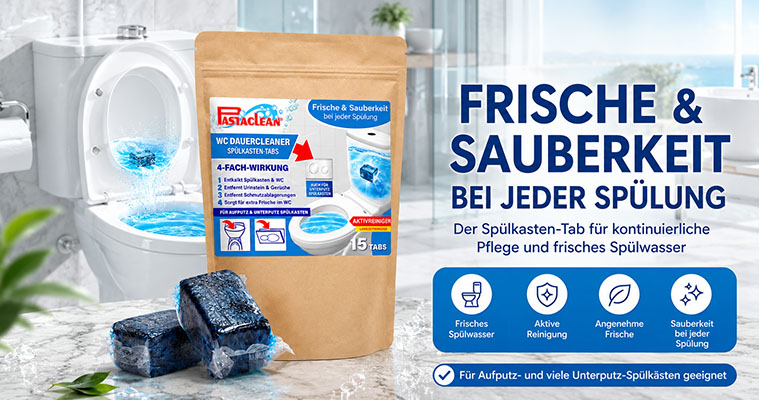 Verpackung von WC-Spülkastenreinigungs-Tabs mit 4-fach-Wirkung, 15 Tabs, für frisches Spülwasser, kontinuierliche Reinigung und angenehme Frische, geeignet für Aufputz- und Unterputz-Spülkästen. Markenname in der Abbildung sichtbar.