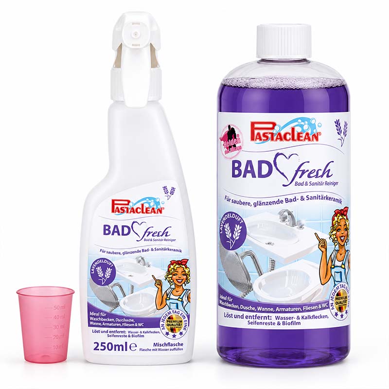 Badfresh Badreiniger Konzentrat mit echtem Lavendelöl 1.000 ml Flasche und Sprühflasche 250 ml Set, Reinigung von Bad und Sanitärkeramik, entfernt Kalkflecken, Seifenreste und Biofilm, ideal für Waschbecken, Duschen, Wannen, Fliesen.