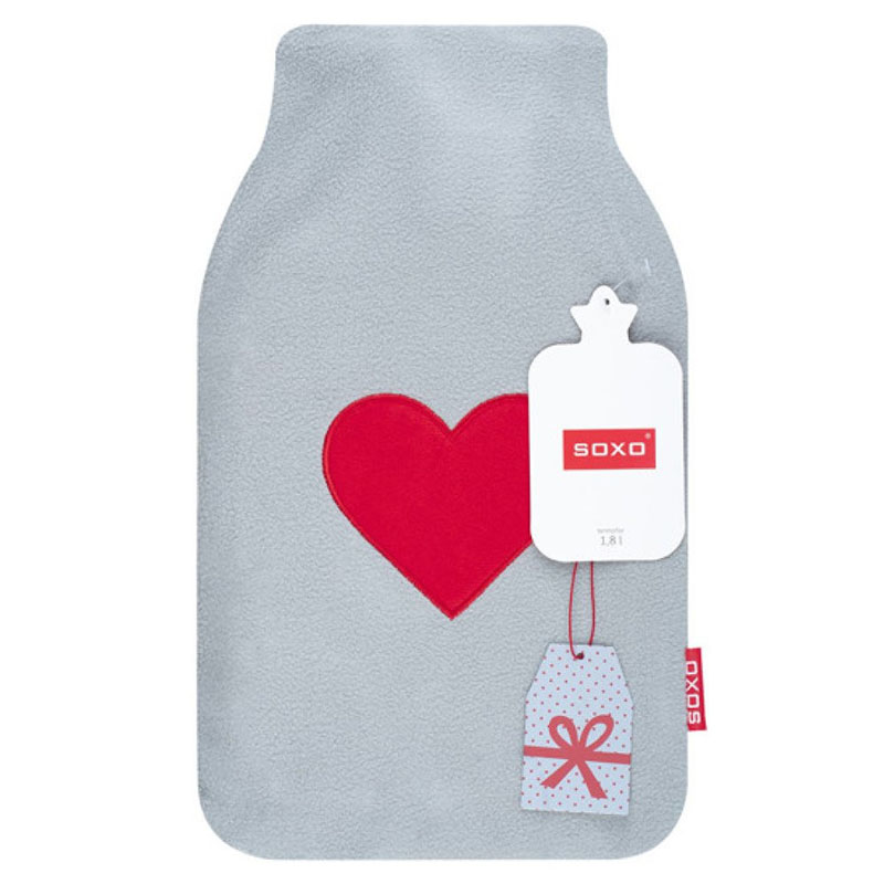 SOXO Wärmflasche mit Bezug, 1,8l (Grau mit rotem Herz)