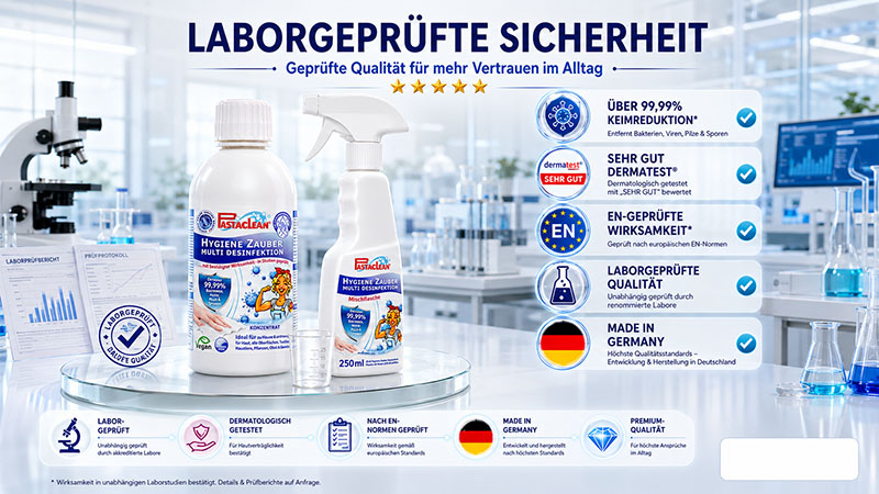 Pastaclean Hygiene Zauber Multi Desinfektion über 99,99% Keimreduktion, zur Desinfektion von Oberflächen, dermatologisch getestet, Made in Germany, geeignet für Bakterien, Viren, Pilze und Sporen.