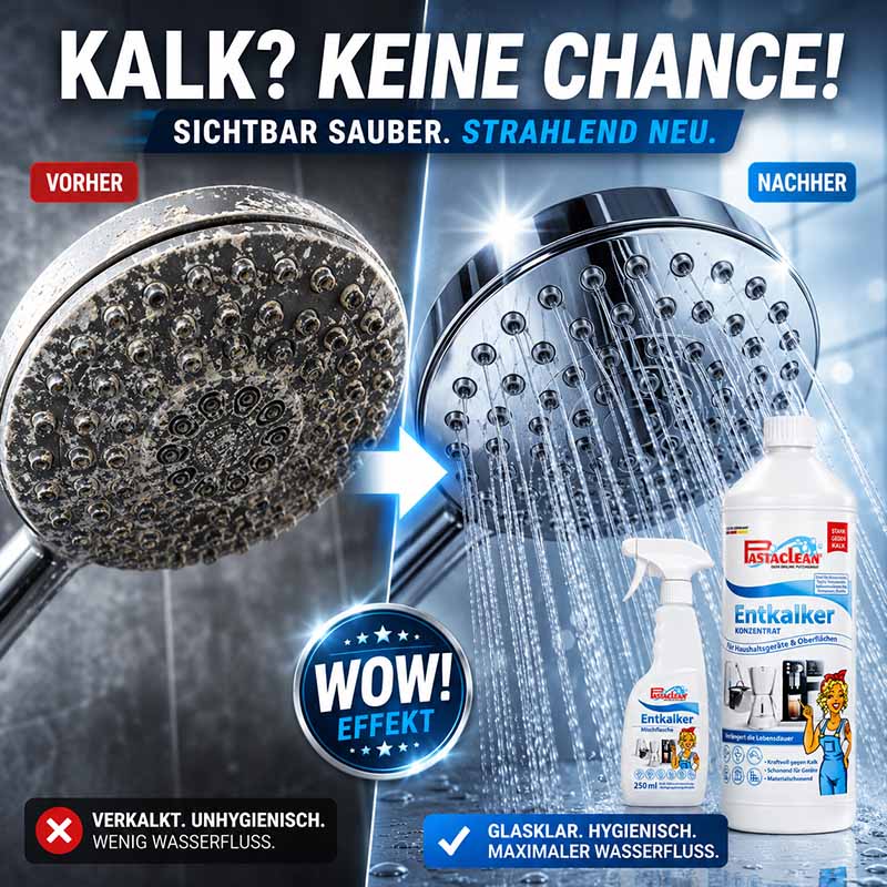 Pastaclean Universal Entkalker Konzentrat 1000 ml, starke Kalklösekraft, geeignet für Duschköpfe und Oberflächenreinigung, sichtbare Sauberkeit und maximaler Wasserfluss, ideal für Badezimmeranwendungen.