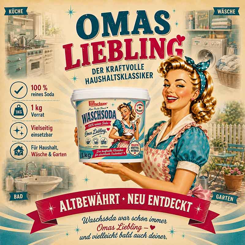 Pastaclean Waschsoda 1 kg reines Natriumcarbonat gegen Fett, Schmutz, Flecken für Haushalt, Wäsche, Garten vielseitig einsetzbar.