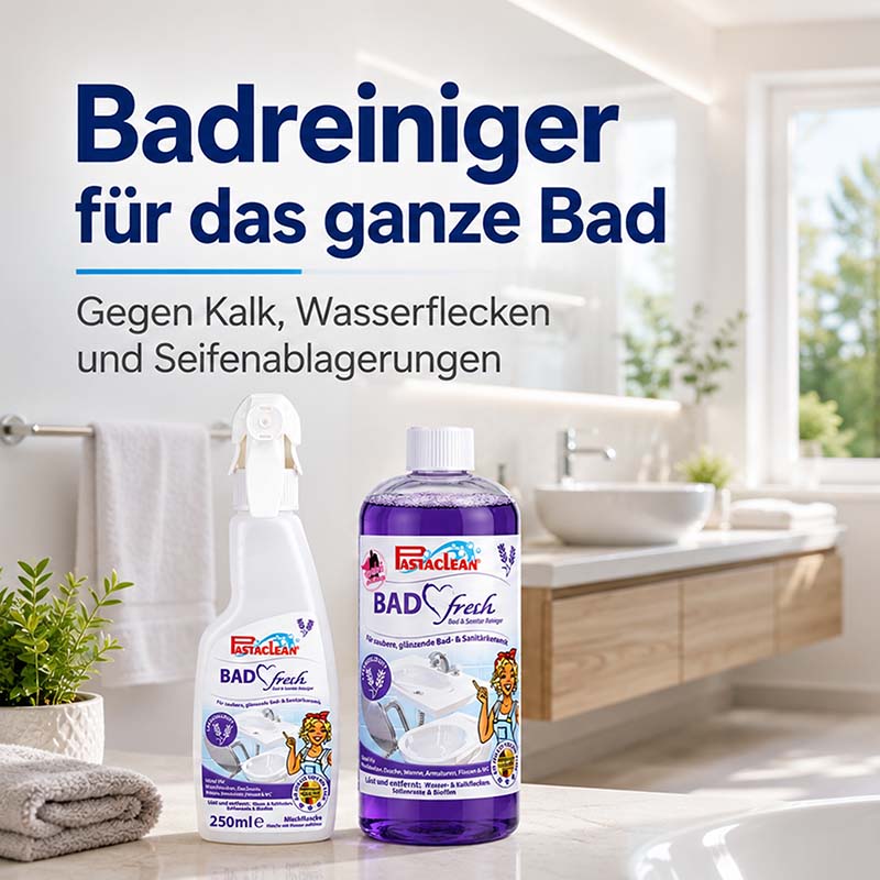 Badreiniger Konzentrat mit Lavendelöl, 1.000 ml, gegen Kalk, Wasserflecken, Seifenablagerungen in Badezimmern. Ideal für gründliche Reinigung von Armaturen und Oberflächen. Pastaclean Badfresh für strahlende Sauberkeit im Bad.