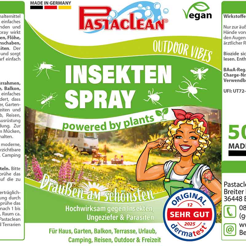 Insektenschutzspray 500 ml, anti-Mücken, Zecken, Stechfliegen, Umgebungsspray, vegan, Pastaclean, Outdoor, Pflanzenkraft, für Haus, Garten, Balkon, Terrasse, Reisen, hochwirksam, made in Germany, dermatest sehr gut