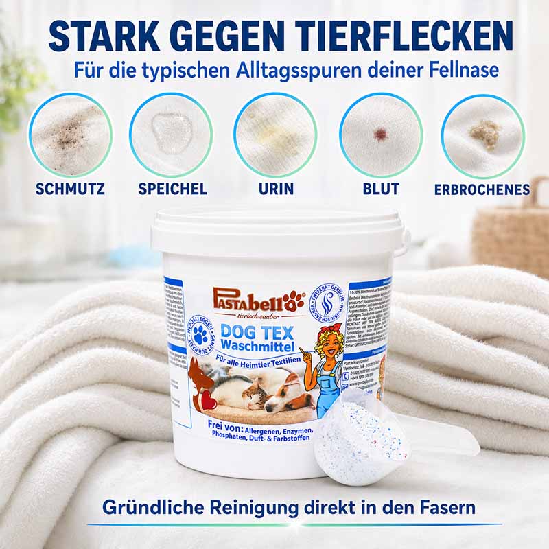 Pastaclean Dog Tex Waschmittel für Hunde und Katzen, hypoallergen, entfernt Tierflecken wie Schmutz, Speichel, Urin, Blut und Erbrochenes von Heimtiertextilien, 1 kg.
