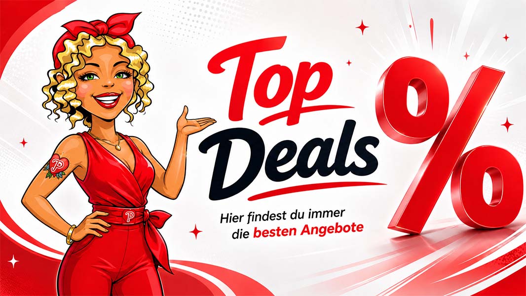 Grafik mit Aufschrift "Top Deals", rotem Prozentzeichen und einer Comicfigur im roten Outfit, die auf die Angebote hinweist.