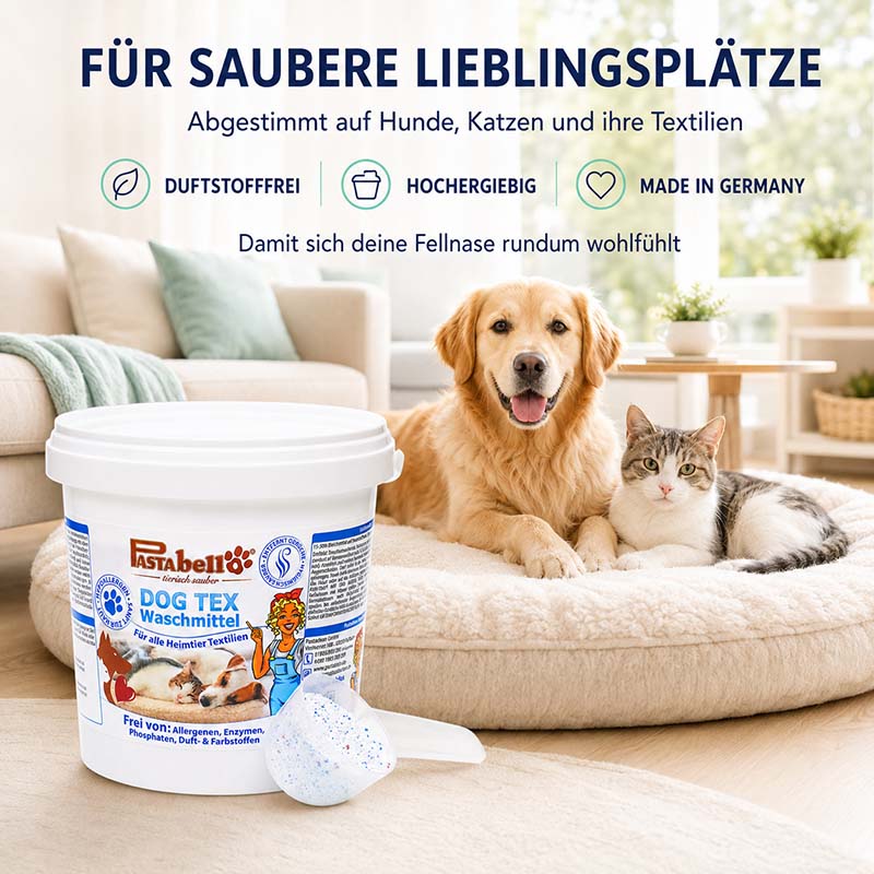 Pastaclean Hundebett Waschmittel, 1 kg, Spezialwaschmittel für Hunde und Katzen, hypoallergen, duftstofffrei, für Heimtiertextilien, made in Germany