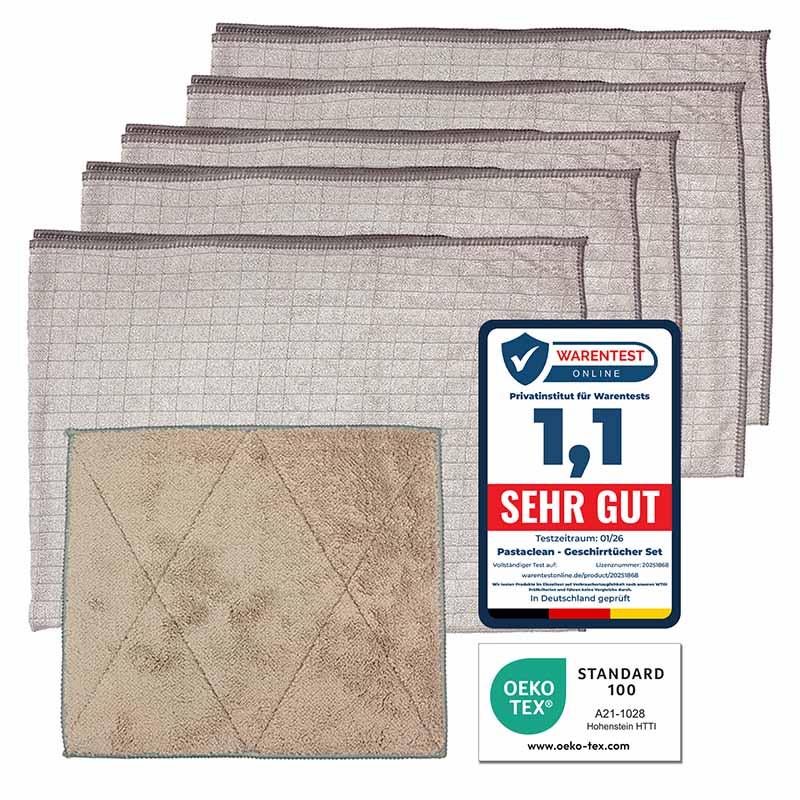 Pastaclean Geschirrtücher 5er Set + Spültuch sand, antibakteriell & kochfest, 6tlg
