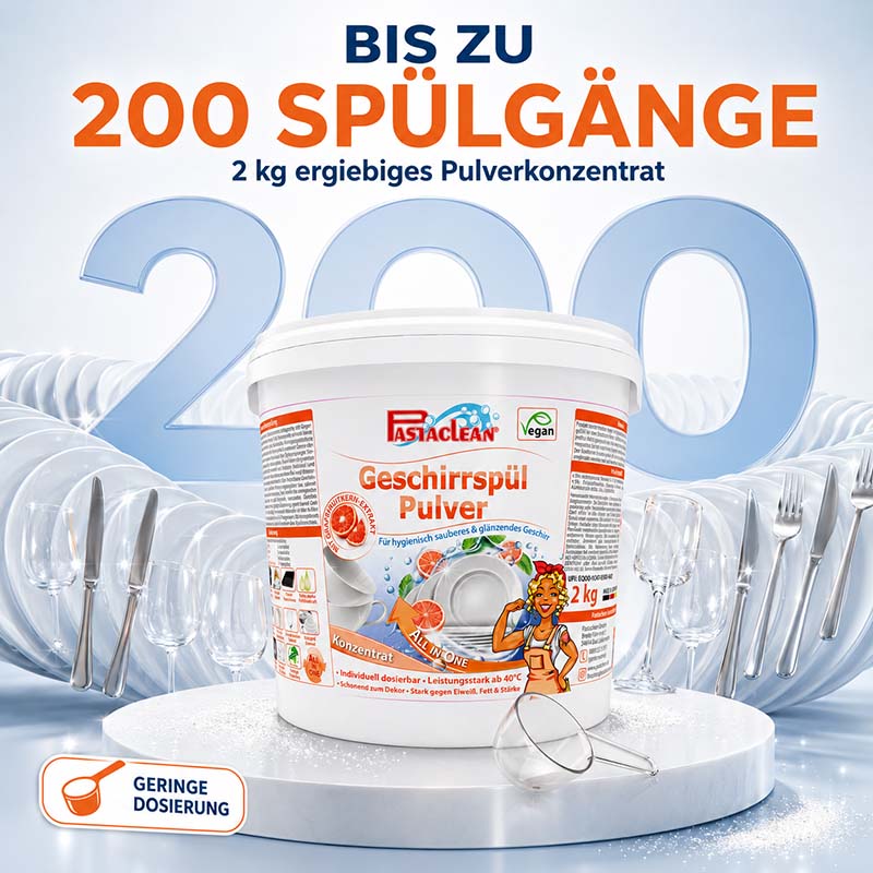Pastaclean Geschirrspülpulver 2 kg für Spülmaschinen, reinigt hygienisch, entfernt Fett und Stärke, geeignet für bis zu 200 Spülgänge, vegan, konzentriertes Pulver für glänzende Ergebnisse, Dosierung ab 40°C.