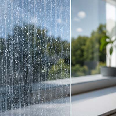 Schlieren auf einer Fensterscheibe neben einer klaren Glasfläche