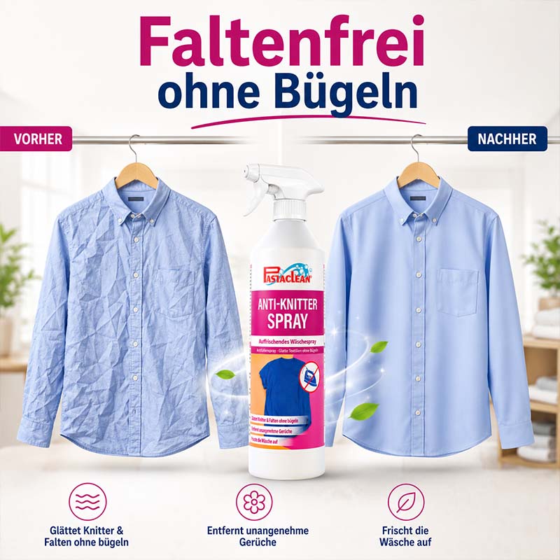 Anti-Knitterspray 500 ml, entfernt Falten und Knitter auf Textilien, Antifaltenspray, Bügelhilfe, vor und nach Anwendung auf Hemd, glättet Knitter, entfernt unangenehme Gerüche, frischt Wäsche auf.