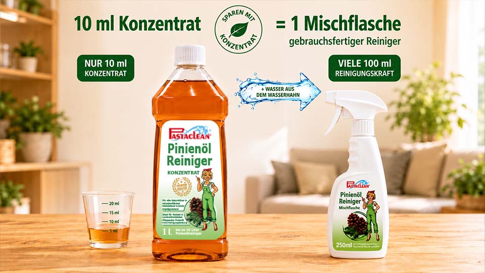 Pastaclean Pinienöl Reiniger Konzentrat – bereits 10 ml Konzentrat reichen aus, um eine gebrauchsfertige Mischflasche für die Reinigung von Holz, Parkett, Möbeln und vielen weiteren Oberflächen herzustellen.