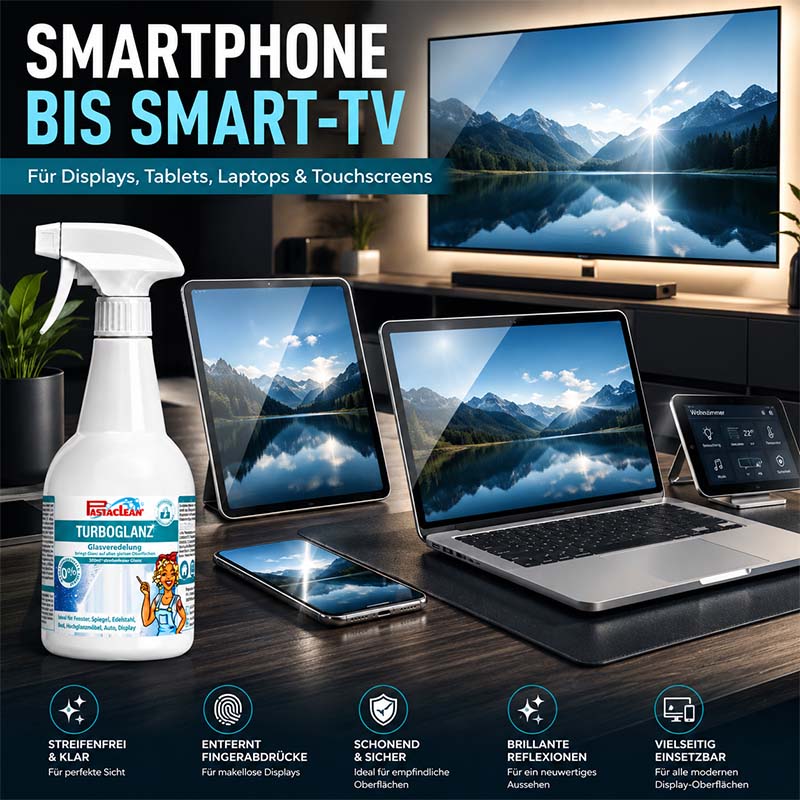 Pastaclean TurboGlanz Glasreiniger für Glas, Spiegel, Displays, Edelstahl und Hochglanzflächen, 750 ml, inklusive Poliertuch für streifenfreie Reinigung und Schutz empfindlicher Oberflächen.