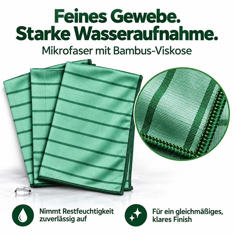 Mikrofaser Fenstertücher 3er-Set 40 × 50 cm, Bambus-Viskose, für streifenfreie Reinigung von Glas und Fenstern, hohe Wasseraufnahme, grün, ideal für Haushalt und professionelle Reinigung