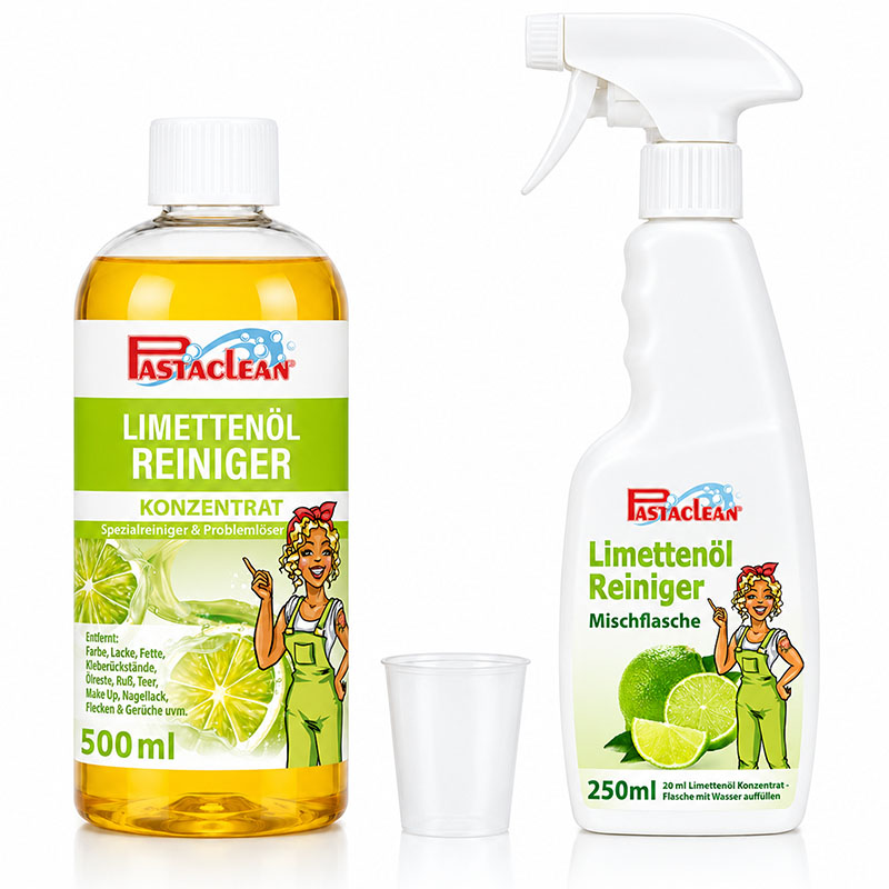 Limettenöl Reiniger Konzentrat 500 ml und Sprühflasche 250 ml, Universalreiniger mit frischem Limetten-Duft, ideal für Haushaltsanwendungen, effektive Reinigungsleistung auf verschiedenen Oberflächen, Pastaclean Produktabbildung.