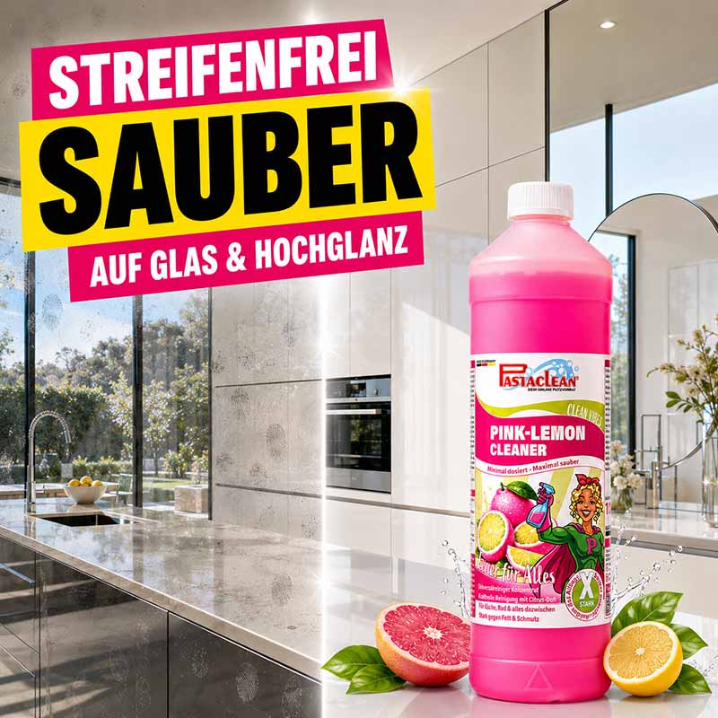 Pastaclean Pink Lemon Cleaner Universalreiniger Konzentrat 1000 ml starker Fettlöser für Haushalt ideal für Glas und Hochglanzflächen.