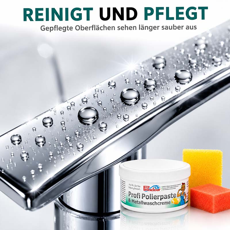 Profi Polierpaste 500g, reinigt und pflegt Oberflächen, Metallwaschcreme, glänzender Wasserhahn mit Wassertropfen, Reinigungsschwämme, Reinigungsmittel für Metall, Sauberkeit und Pflege, Oberflächenaufbereitung.