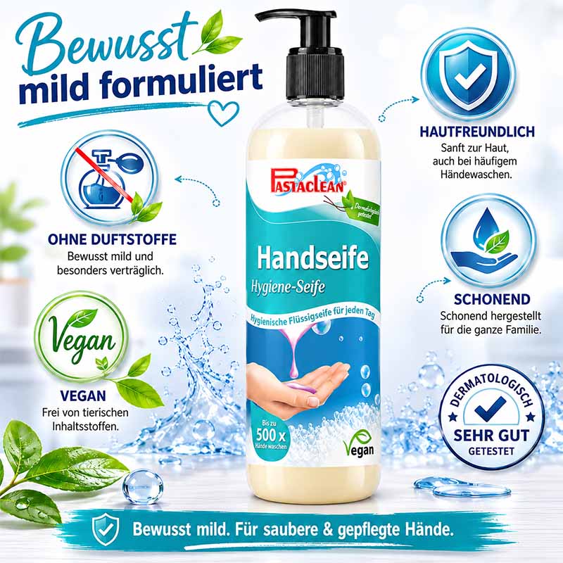 Pastaclean Handseife 1000 ml, hygienische Flüssigseife, vegan, bewusst mild formuliert, ohne Duftstoffe, hautfreundlich, dermatologisch getestet, 500 Anwendungen, sanft zur Haut, für häufiges Händewaschen, schondende Pflege für die Familie.
