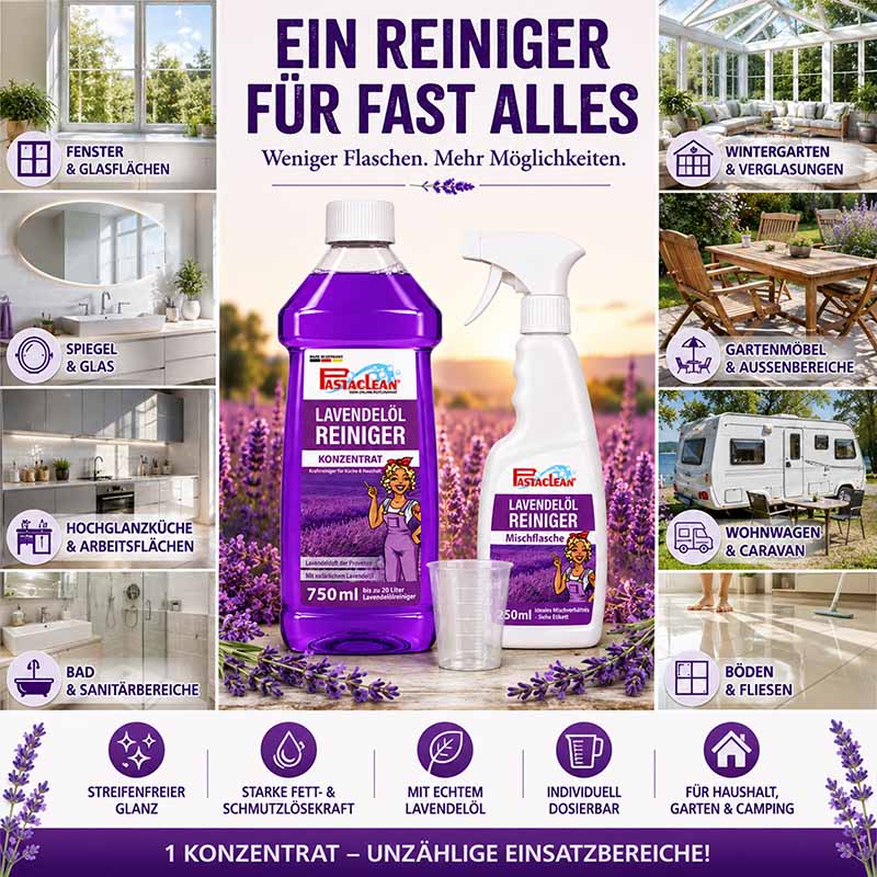 Lavendelöl Reiniger 750 ml, streifenfreier Glanz, starke Fettlösekraft, hoher Anwendungsbereich; geeignet für Fenster, Glas, Spiegel, Küche, Bad, Wintergarten, Gartenmöbel, Wohnwagen, Böden. Ideal für Haushalt, Garten, Camping.