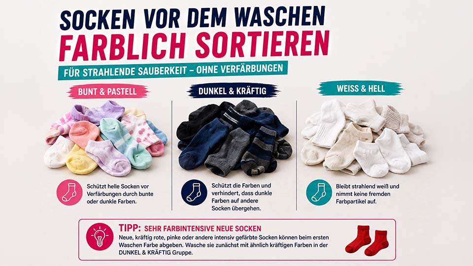 Socken richtig waschen: Helle, dunkle und bunte Socken vor dem Waschen nach Farben sortieren, um Verfärbungen zu vermeiden.