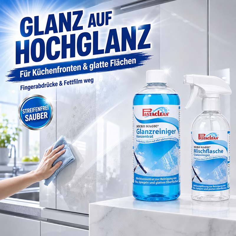 Pastaclean Micro Magic Glasreiniger Konzentrat 750 ml zur Reinigung von Küchenfronten, glatten Flächen, Glas und Spiegeln, entfernt Fingerabdrücke und Fettfilm, für streifenfreien Glanz.