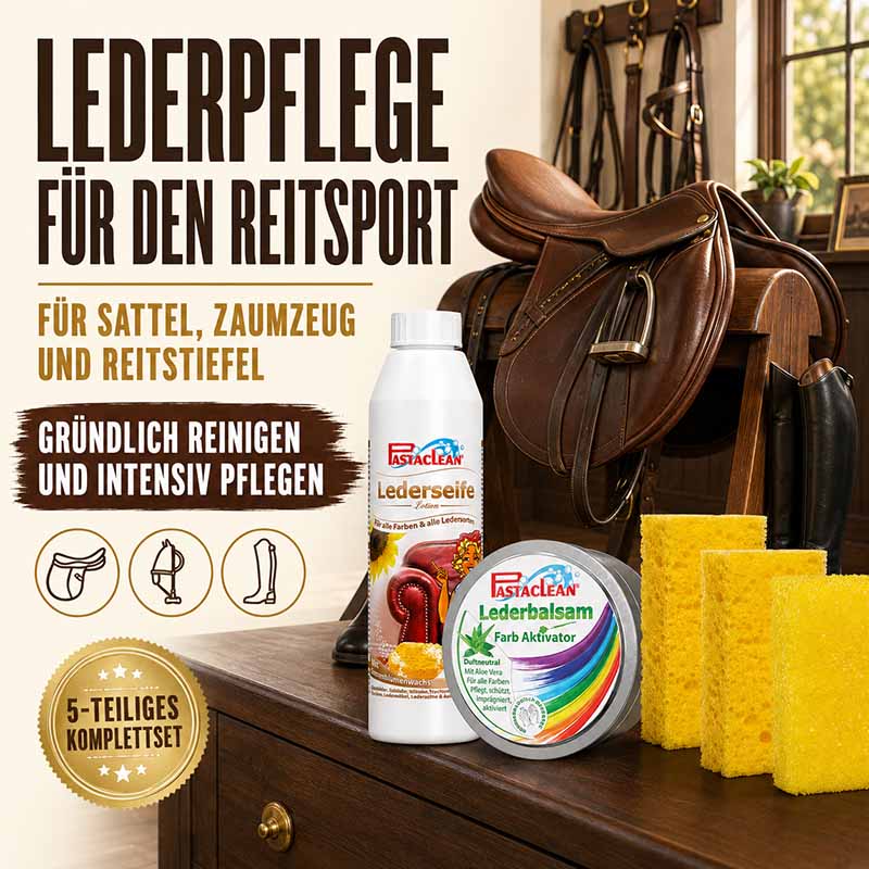 Pastaclean Lederpflege Set für Sattel, Zaumzeug und Reitstiefel, gründlich reinigen und intensiv pflegen, bestehend aus Lederseife, Lederbalsam und Reinigungsschwämmen, ideal für Reitsport, 5-teiliges Komplettset.