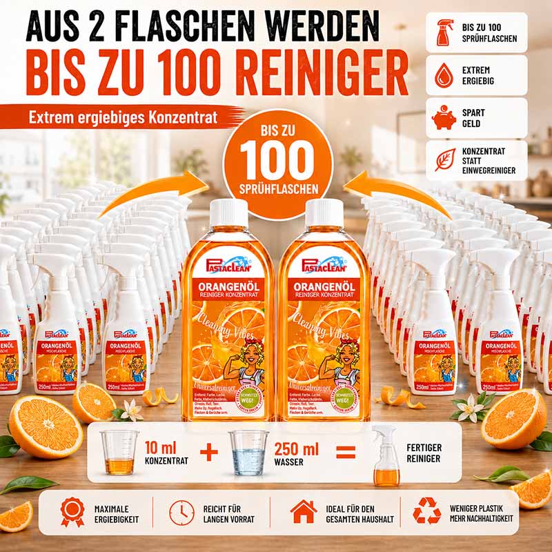 Pastaclean Orangenöl Reiniger Konzentrat, ideal für den gesamten Haushalt, extrem ergiebig, verwandelt 2 Flaschen in bis zu 100 Sprühflaschen, geeignet für gründliche Reinigung und Verschmutzungsentfernung.