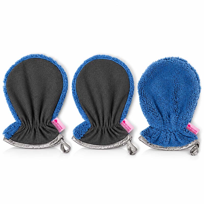 Peelinghandschuh und Waschhandschuh 3er Set in Taubenblau für Gesicht, Körper, Dusche und Make-up Entfernung, ideal für sanfte Hautpflege und Reinigung.