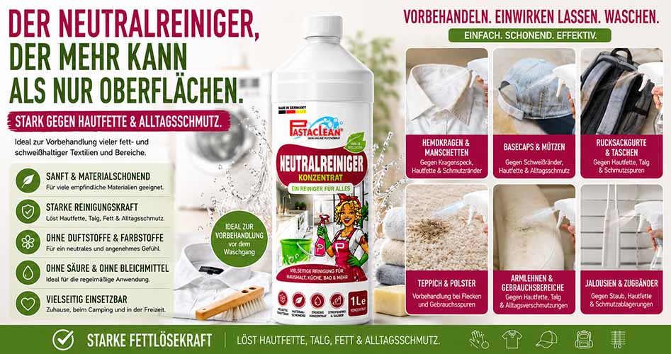 Pastaclean Neutralreiniger Konzentrat für vielseitige Anwendung auf Textilien und Oberflächen, stark gegen Hautfette und Alltagsschmutz, geeignet für empfindliche Materialien, ideal zur Vorbehandlung bei Fett- und Schmutzflecken.