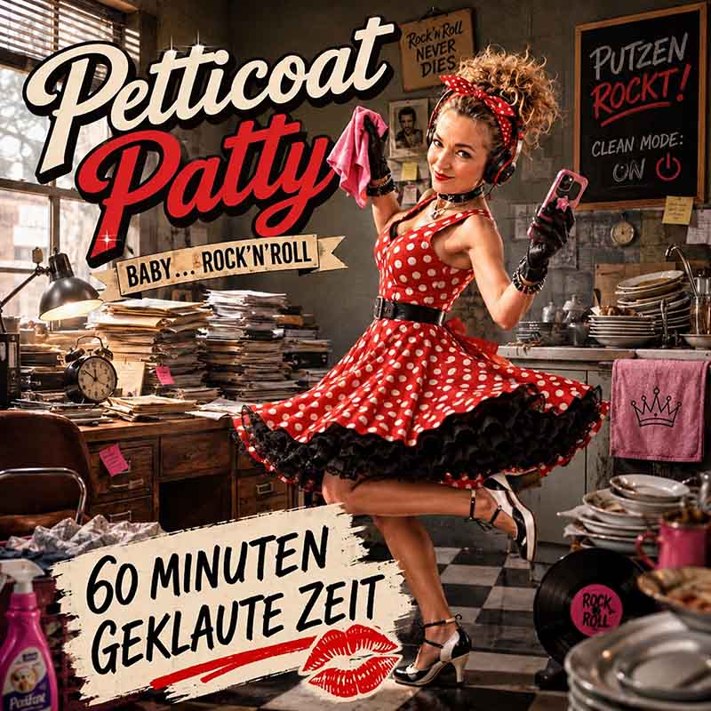 Petticoat Patty Werbung, Rock'n'Roll, Retro-Kleid mit Punkten, Hausarbeit, 60 Minuten Geklaute Zeit, Putzen rockt, Vinyl-Schallplatte, Vintage, Haushalt, Reinigung, Hausmittel, 1950er Jahre Stil, Sauberkeit, Retro-Dekor.