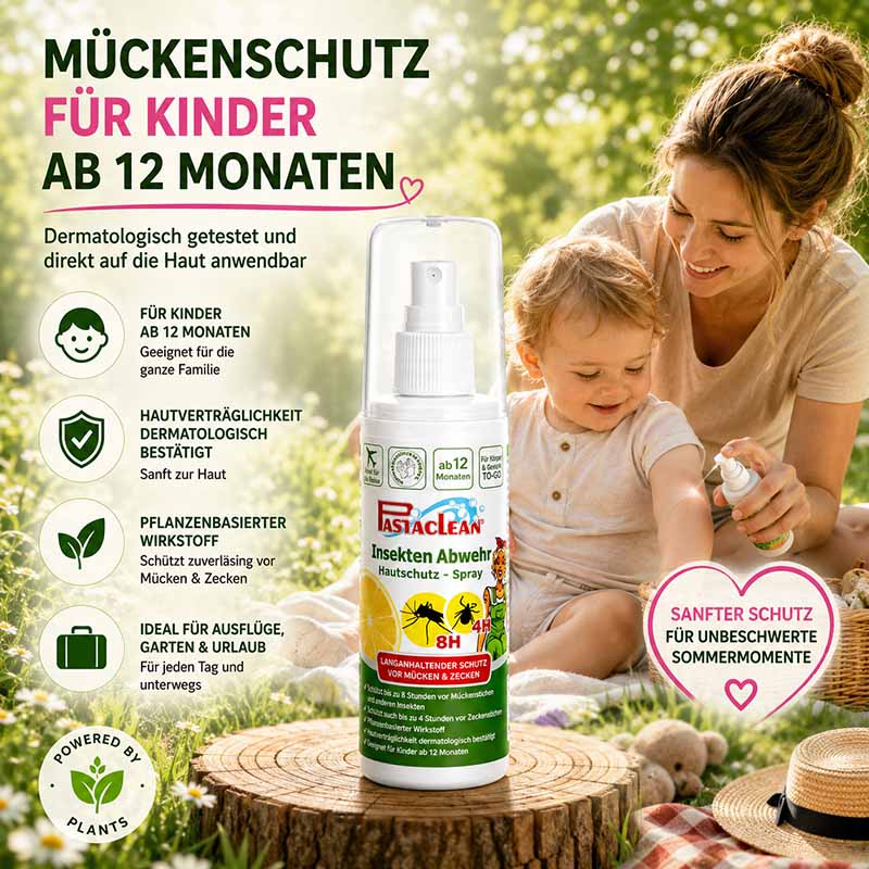 Pastaclean Insektenschutz Hautschutz Spray, schützt vor Mücken, Zecken, Stechfliegen, dermatologisch getestet, geeignet für Kinder ab 12 Monaten, pflanzenbasierter Wirkstoff, ideal für Ausflüge, Garten, 100 ml
