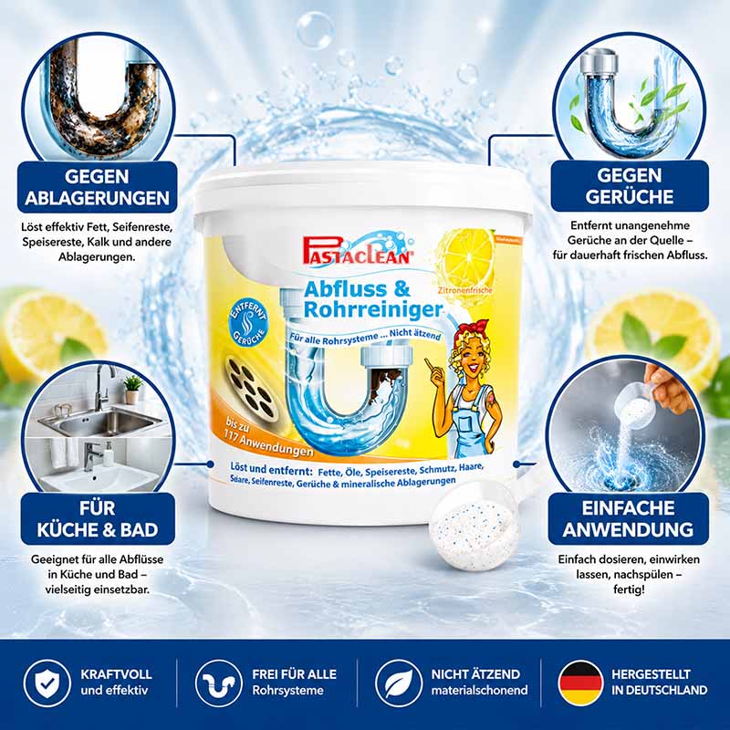 Pastaclean Abfluss- & Rohrreiniger Zitrone 4kg, entfernt Ablagerungen, Fette, Seifenreste, verhindert Gerüche, für Küche und Bad. Kraftvoll, effektiv, materialschonend, geeignet für alle Rohrsysteme, nicht ätzend, hergestellt in Deutschland.