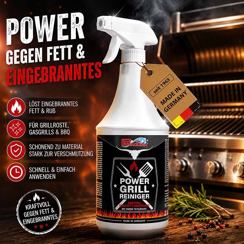 Power Grill Reiniger 1000 ml, löst eingebranntes Fett von Grillrosten, Gasgrills, BBQ, schonend zu Material, stark gegen Verschmutzung, schnell und einfach anwendbar, made in Germany, geeignet für hartnäckige Verkrustungen.