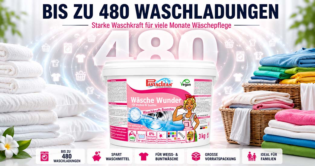 Pastaclean Wäsche Wunder Waschmittel, 3kg Eimer, bis 480 Waschladungen, für weiße und bunte Wäsche, sparsamer Verbrauch, kraftvoller Waschkraft-Booster, vegan, ideal für Familien, große Vorratspackung