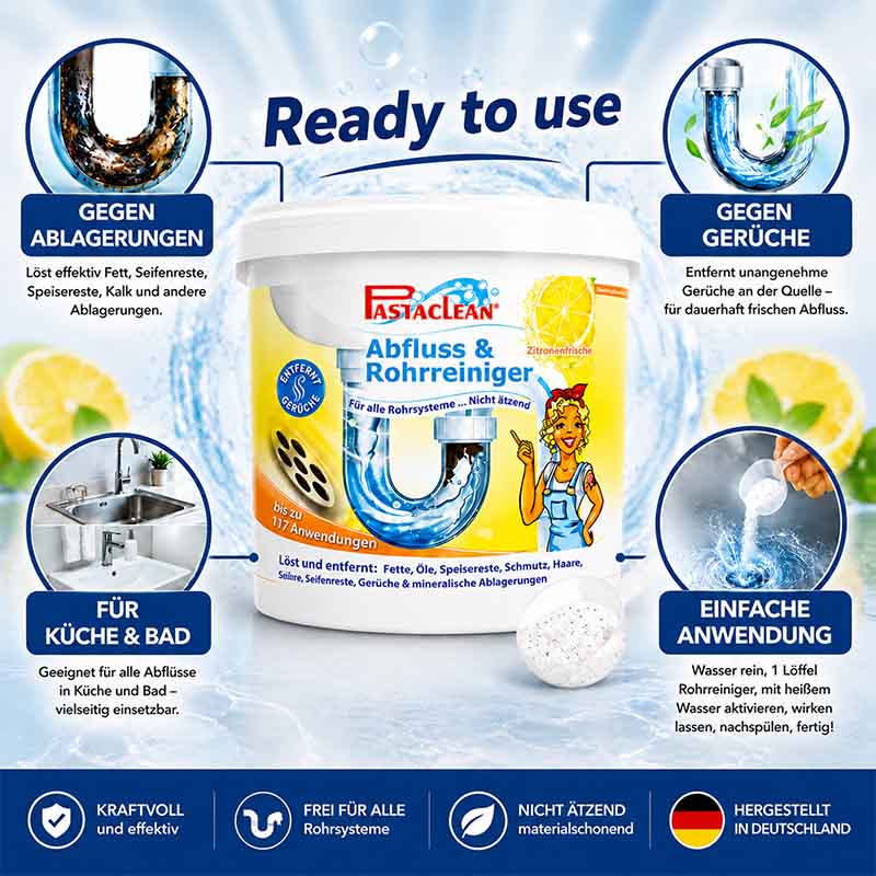 Pastaclean Abfluss- und Rohrreiniger, Meeresbrise, 3,5Kg Eimer, gegen Ablagerungen, beseitigt Fett- und Seifenreste, für Küche und Bad, entfernt Gerüche, einfache Anwendung, bis zu 117 Anwendungen, materialschonend, in Deutschland hergestellt.