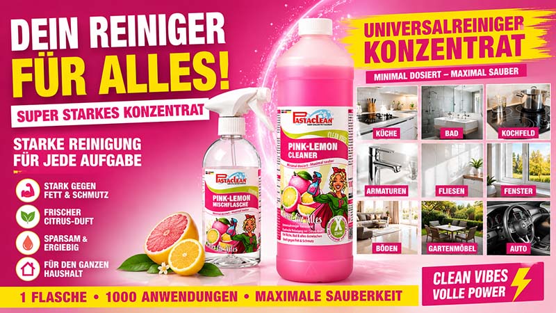 Pastaclean Pink-Lemon Cleaner Universalreiniger Konzentrat zur starken Reinigung von Küche, Bad, Armaturen, Fliesen, Böden und Auto mit frischem Citrus-Duft, geeignet für den ganzen Haushalt.
