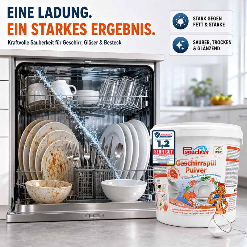 Pastaclean Geschirrspülpulver 2 kg für Sauberkeit in Geschirrspülern, stark gegen Fett und Stärke, für Geschirr und Besteck Reinigung, vegan und kraftvoll für hygienisch sauberes und glänzendes Geschirr
