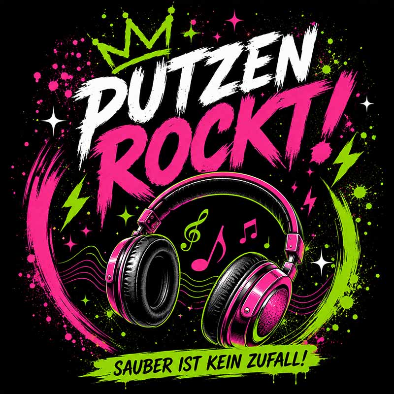Kopfhörer Musikdesign mit Text "Putzen rockt! Sauber ist kein Zufall!". Grüne und pinke grafische Elemente auf schwarzem Hintergrund. Thema: Reinigungsmotivation, Musik beim Putzen, trendiges Design.