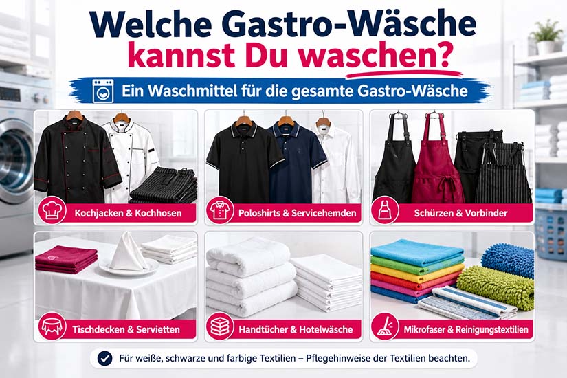 Gastro-Waschmittel für Kochjacken, Poloshirts, Schürzen, Tischdecken, Handtücher und Mikrofasertücher Reinigung in Gastronomiebetrieben, geeignet für weiße, schwarze und farbige Textilien.