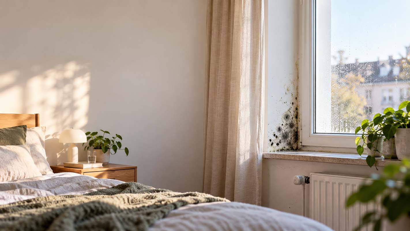Schimmelbefall am Fensterrahmen in einem Schlafzimmer mit Holzbett, Nachttisch und Zimmerpflanzen, zeigt Feuchtigkeitsprobleme und Bedarf an Schimmelentfernung und besserer Belüftung.